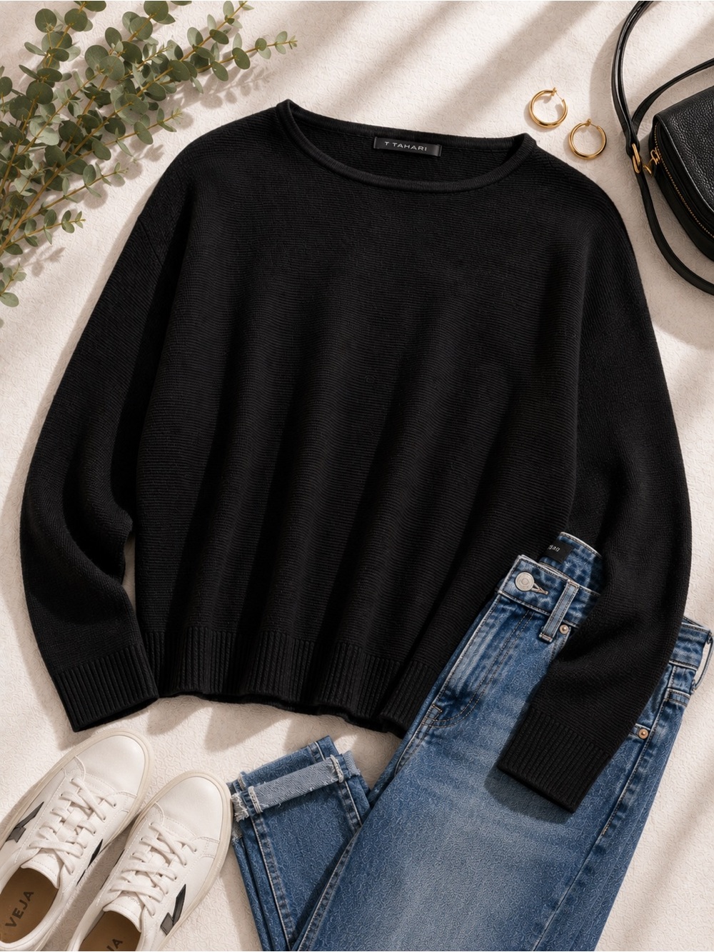 NWT T Tahari Black Textured Boatneck Dolman Sweater XL